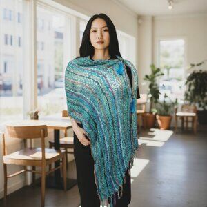Turquoise Multicolor Stripe Poncho Vest Scarf Adjustable Tassel …
